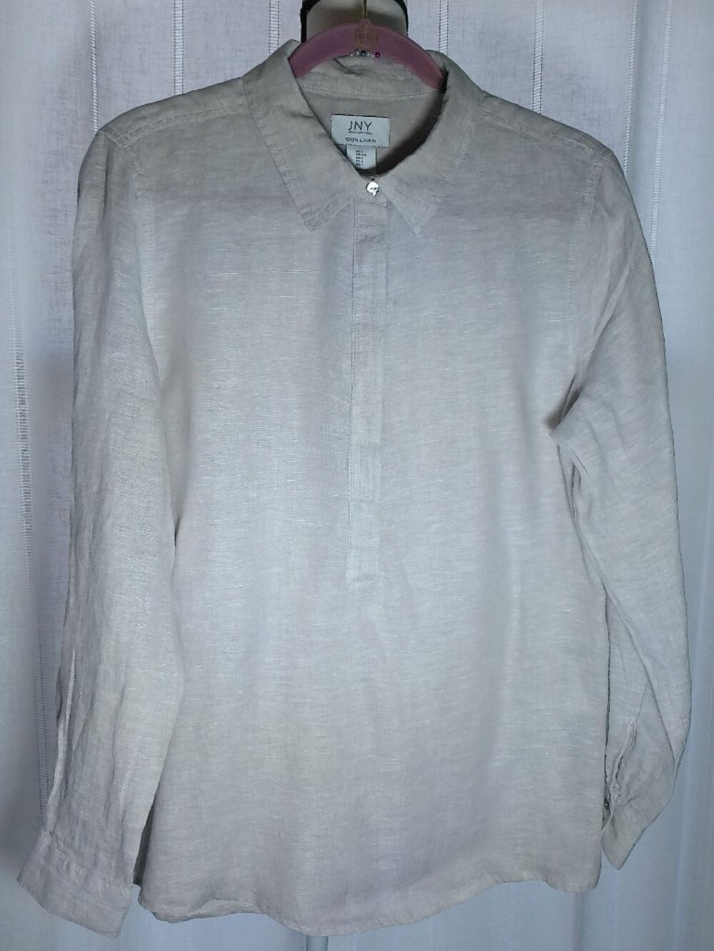 JONES NEW YORK Shirt Linen Collared Hidden 1/2 Button-Up Lt Gray NWOT L